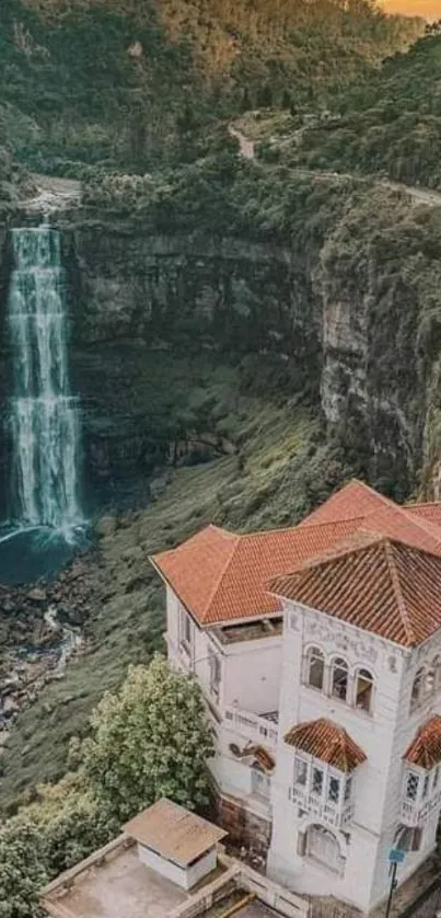 Majestic waterfall next to a grand mansion with sunset and lush greenery.