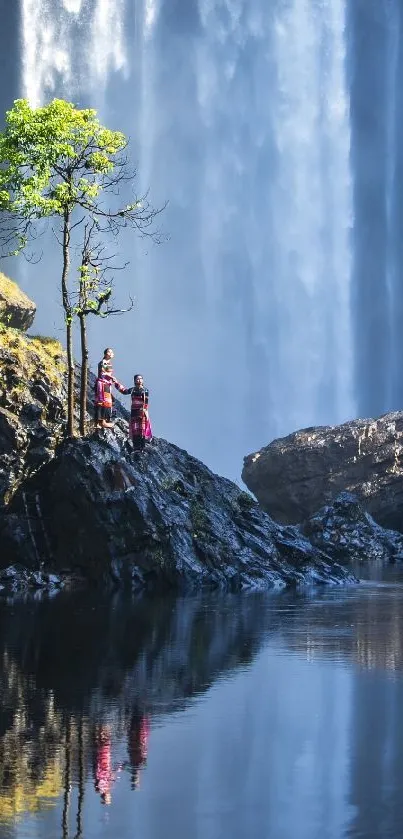 Tranquil waterfall scene with lush greenery and serene water reflections.