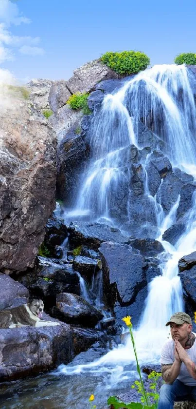 Calm waterfall with blue sky and floral foreground in nature wallpaper.