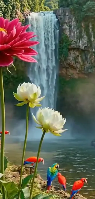 Serene waterfall with vibrant parrots and flowers.