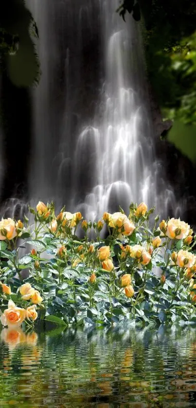 Waterfall with blooming roses reflected in a serene landscape.