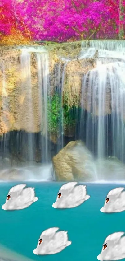 Mobile wallpaper of swans on a turquoise waterfall scene.