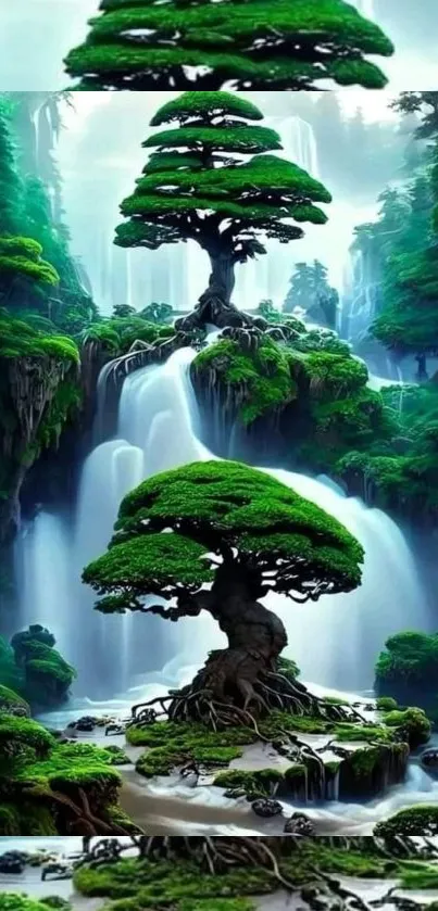 Bonsai tree atop waterfall surrounded by lush forest.