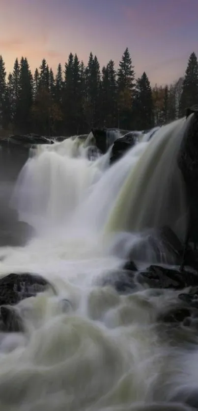 Serene waterfall flowing under a dramatic dusk sky, surrounded by tall trees.