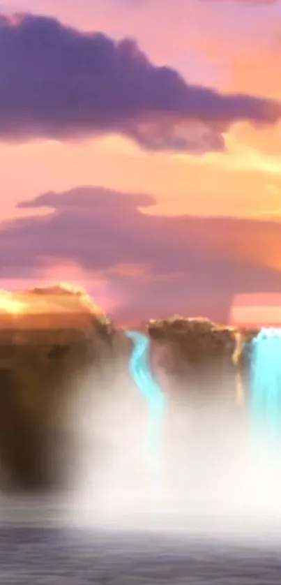 Serene waterfall under vibrant sunset sky.