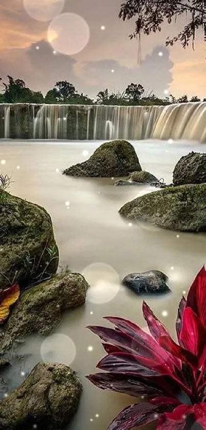 Serene waterfall with red tropical plant at sunset.