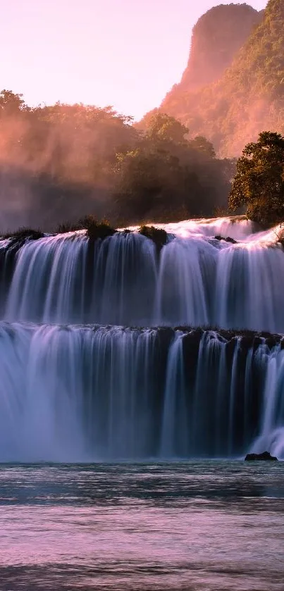 Beautiful waterfall at sunset creating a serene and calming phone background.