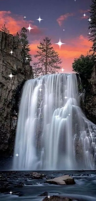 Majestic waterfall at sunset with purple sky and serene surroundings.