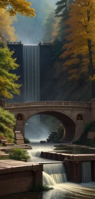 Serene autumn waterfall with stone bridge.