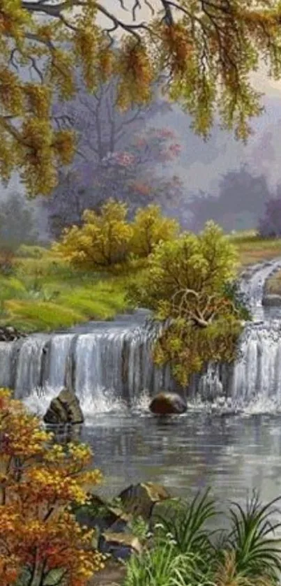 Autumn waterfall with lush trees and misty background.