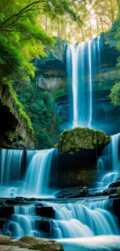 Serene waterfall in lush green forest background.