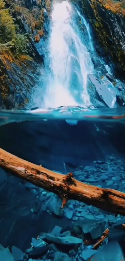 Serene waterfall over blue rocks with lush greenery background.