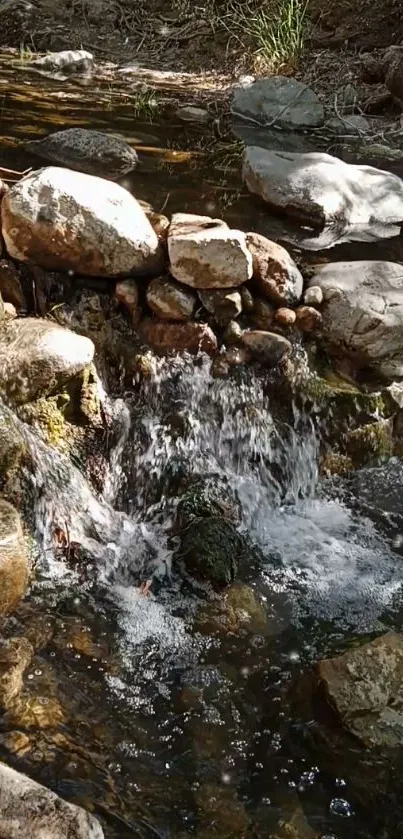 Serene waterfall flowing over rocks with earthy brown tones.