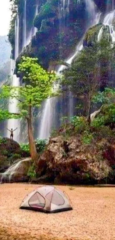 Peaceful waterfall landscape with tent and lush greenery.