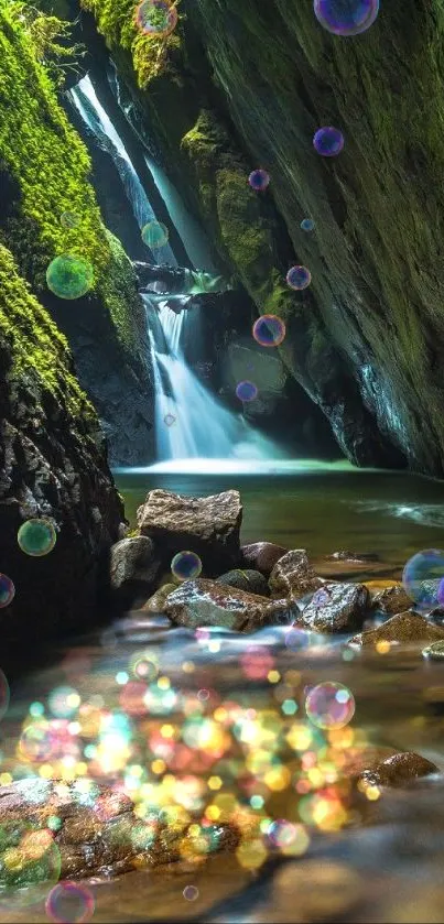 Serene waterfall in lush green canyon wallpaper.