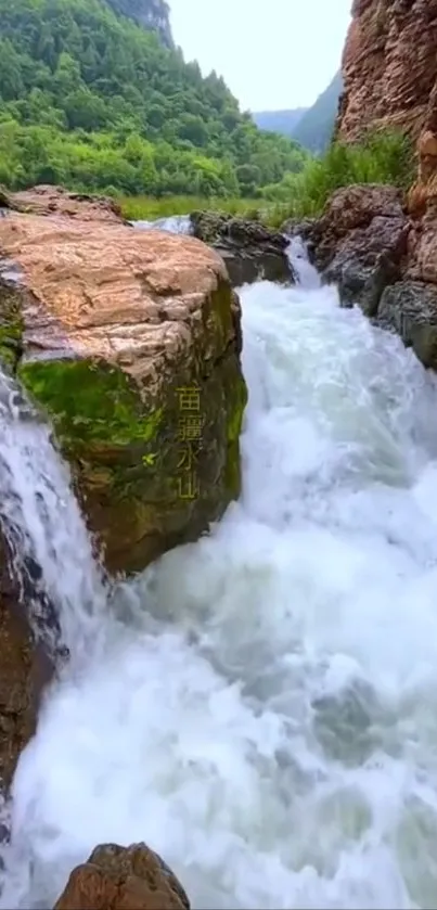 Serene waterfall cascading through rocks with lush greenery.