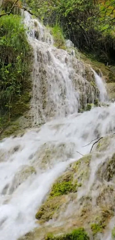 Beautiful waterfall over mossy rocks in nature.