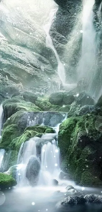 Mobile wallpaper of a serene waterfall within a cave with lush greenery.