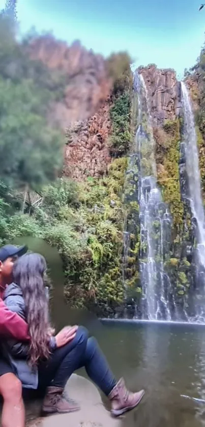 Couple by a serene waterfall amidst lush greenery.