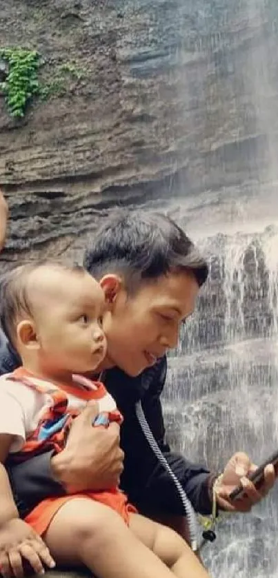 Family by serene waterfall in lush nature.