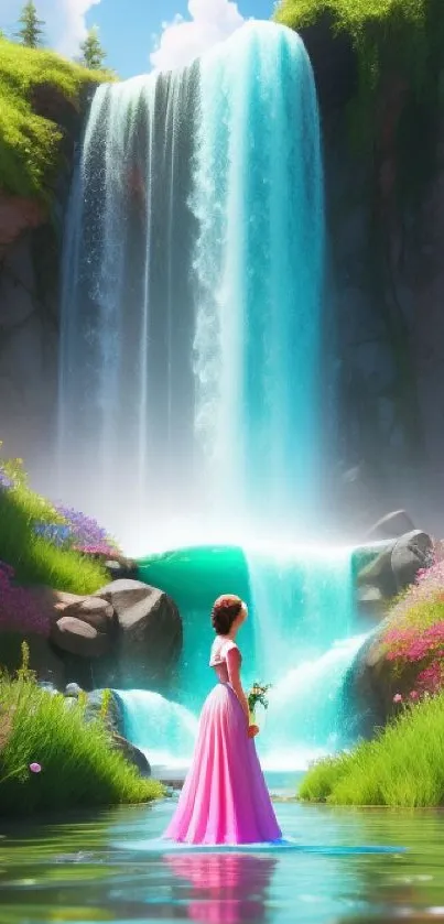 Fantasy art of a woman by a lush waterfall, surrounded by flowers.