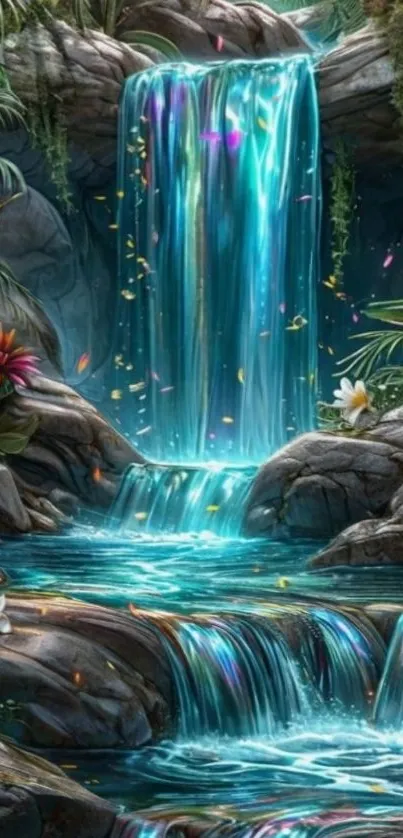 Fantasy waterfall with vibrant colors and lush plants