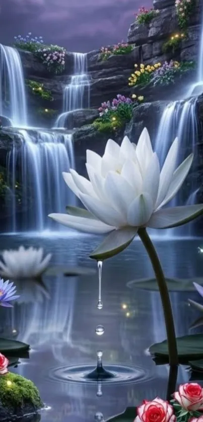Enchanting waterfall with blooming flowers in serene fantasy landscape.