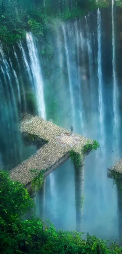 Fantasy art wallpaper with waterfalls and lush greenery.