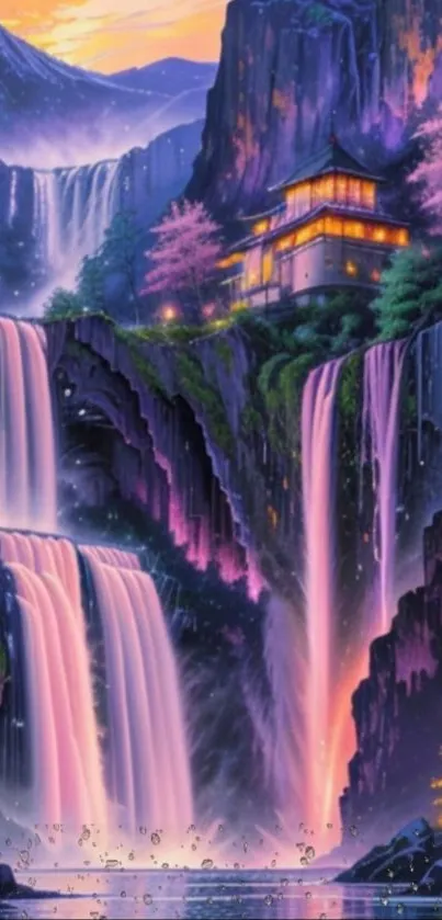 Fantastical waterfall scene with a Japanese temple in purple hues.