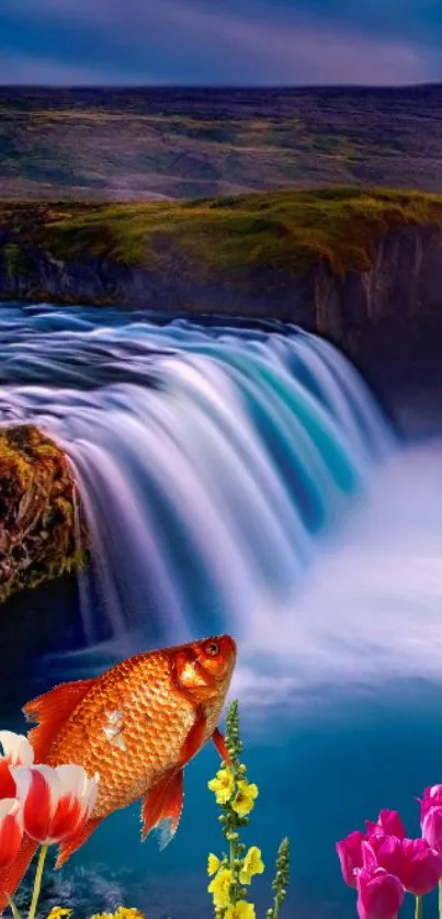 Fantasy art with waterfall, tulips, and goldfish on a serene wallpaper.