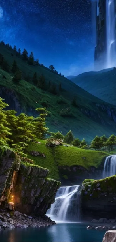 Serene waterfall in a mystical night landscape with vibrant green hills.