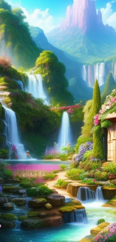 Fantasy landscape with waterfalls and vibrant flowers.