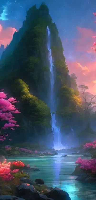 Fantasy waterfall landscape with pink blossoms and a serene atmosphere.