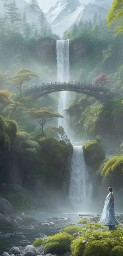 A tranquil fantasy scene with a waterfall and lush greenery.