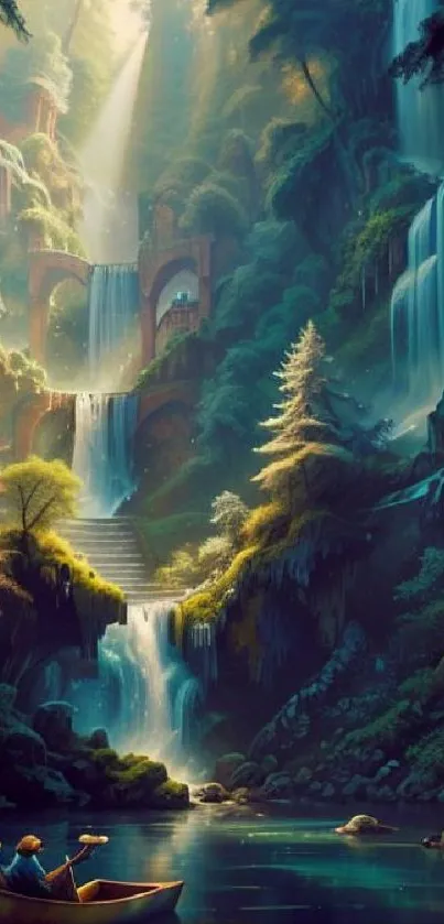 Fantasy waterfall scene with lush greenery and serene ambiance.