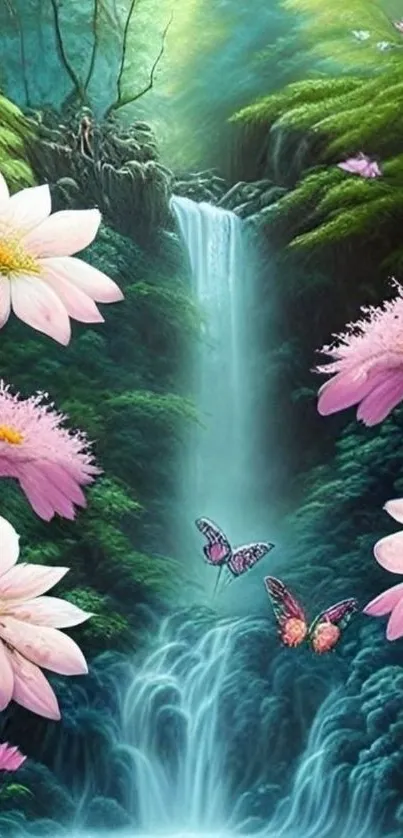 Fantasy waterfall scene with flowers and butterflies.