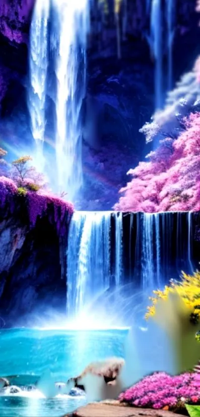 Fantasy waterfall landscape with pink foliage and vibrant colors.