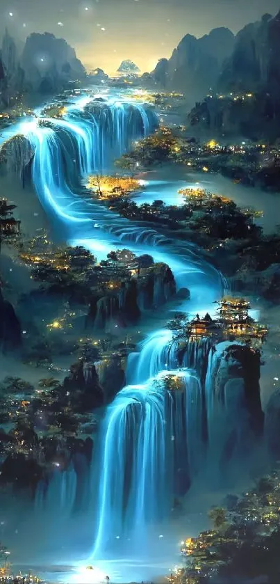 Fantasy wallpaper with cascading blue waterfalls and golden lights.