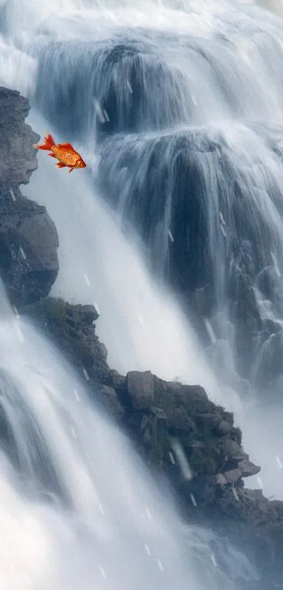 Orange fish leaping over a serene waterfall.