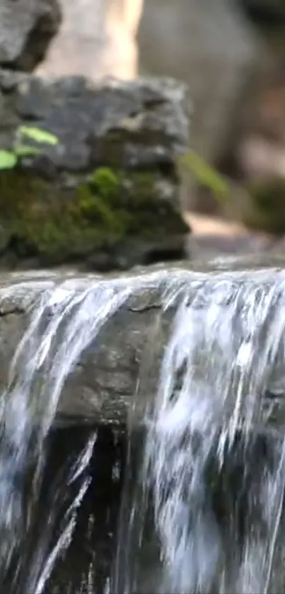 Serene waterfall flowing over moss-covered rocks in nature.