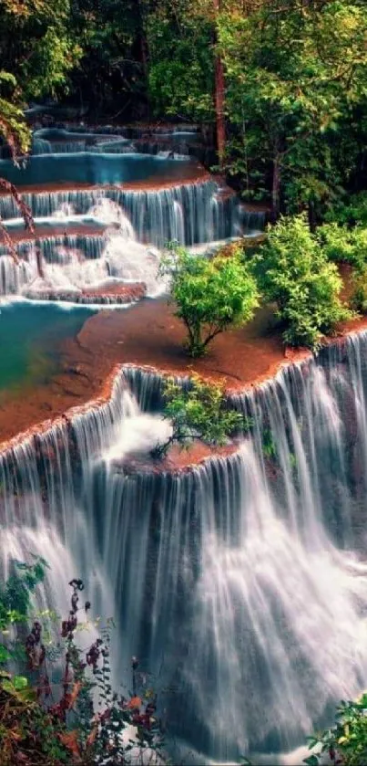 A serene forest waterfall with lush greenery.