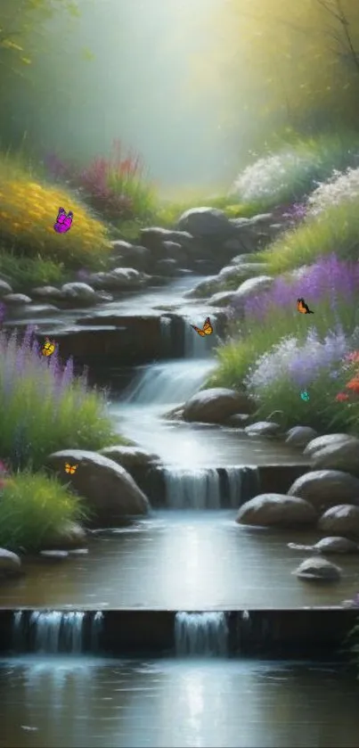 Serene forest waterfall with butterflies and vibrant flowers.