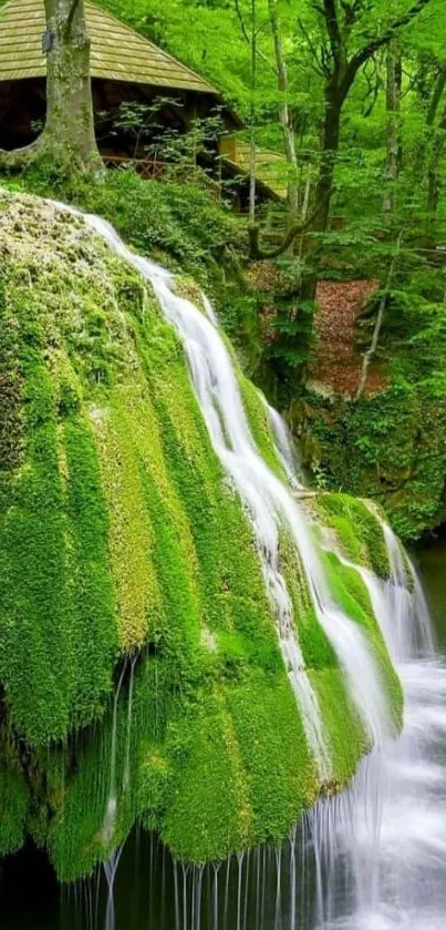 Serene waterfall and lush green forest mobile wallpaper.