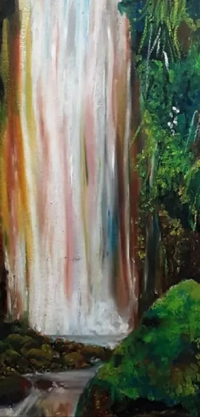 Beautiful waterfall in a lush green forest painting.