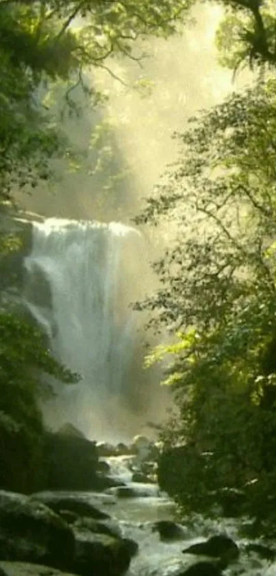 Serene waterfall flowing through a lush green forest, embodying nature's tranquility.