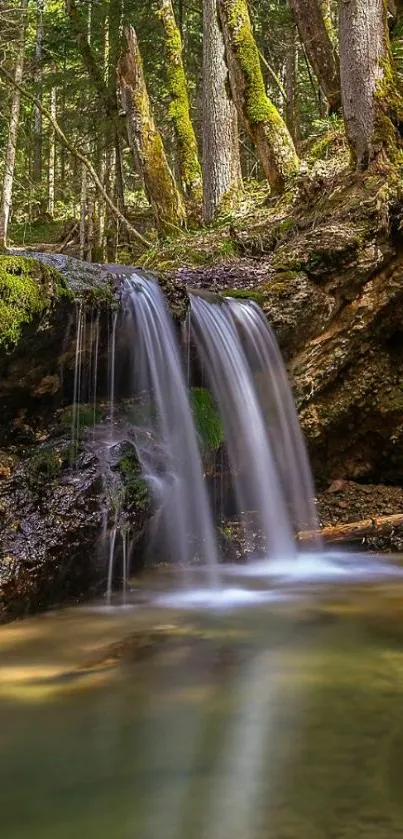 Serene waterfall in a lush forest setting.