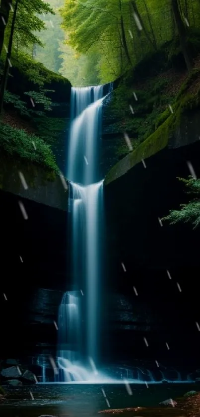 Serene waterfall in a lush forest setting with vibrant greenery.