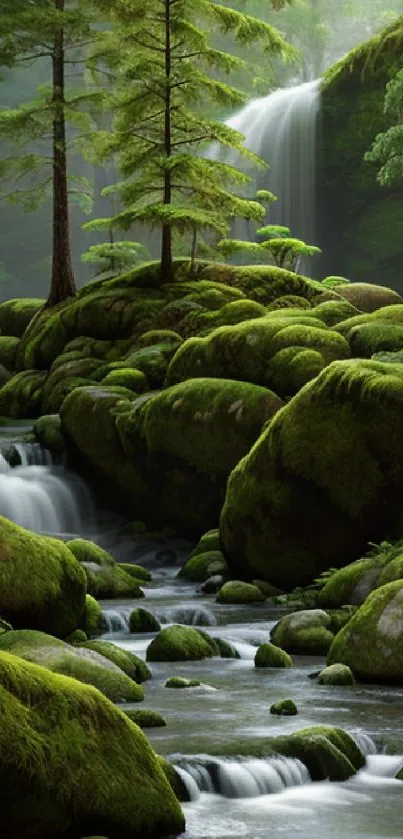 Serene waterfall in lush green forest with moss-covered rocks.