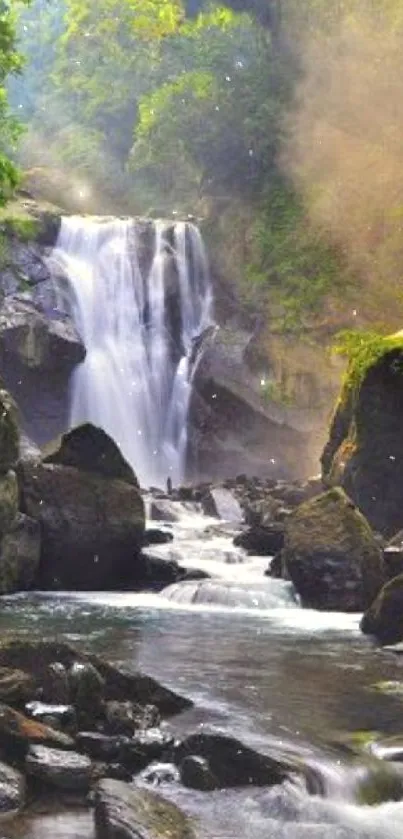 Serene waterfall surrounded by green lush forest in tranquil setting.