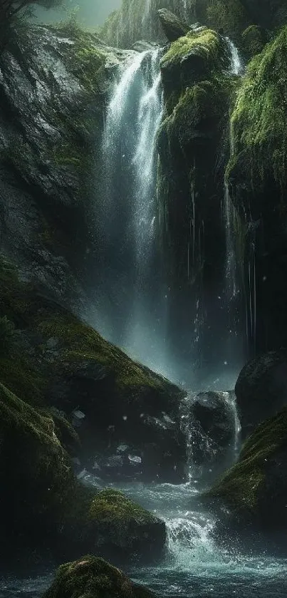 Serene forest waterfall mobile wallpaper, lush greens and cascading water.